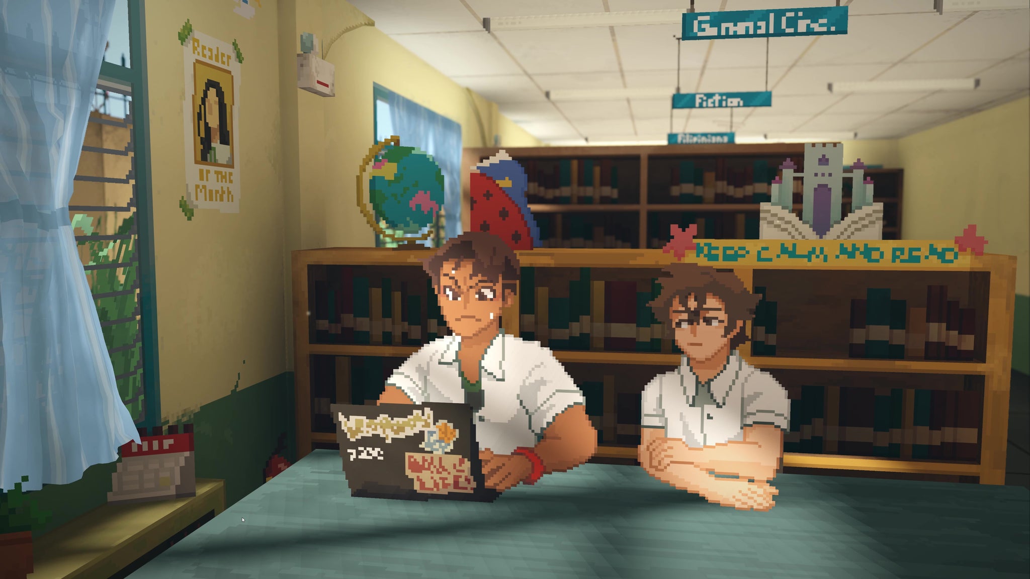 Two boys sit in front of a laptop in the school library in Until Then - 4