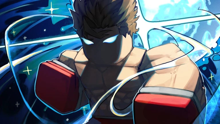 Artwork for the Roblox game Untitled Boxing Game showing a cartoon-style boxer. Shadows cover their face but the fighter has powerful glowing eyes and swirling effects around them. - 1