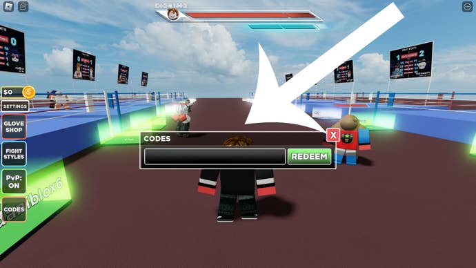 Arrow pointing at the codes menu in the popular Roblox game Untitled Boxing Game.