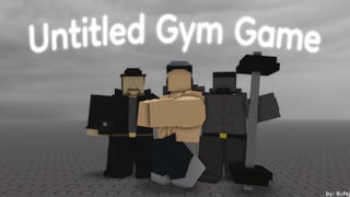 Artwork for the Roblox game Untitled Gym Game, showing a trio of Roblox characters dressed as bodybuilders.