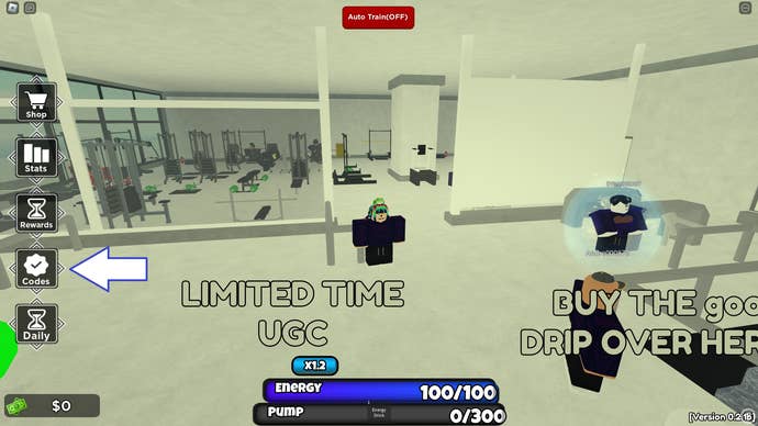 A screenshot from Untitled Gym Game in Roblox showing the game's codes button.