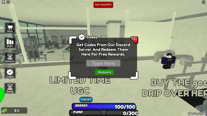 A screenshot from Untitled Gym Game in Roblox showing the game's codes page.