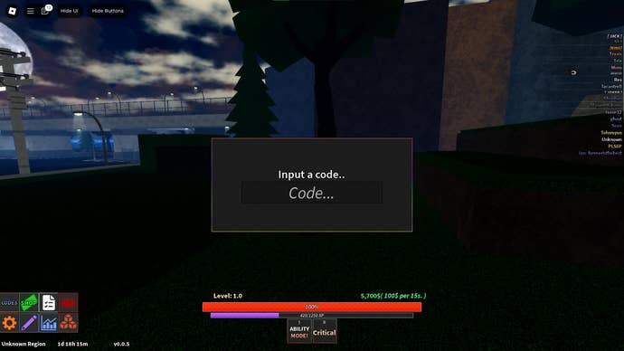 A screenshot from Unusual in Roblox showing the game’s codes page.