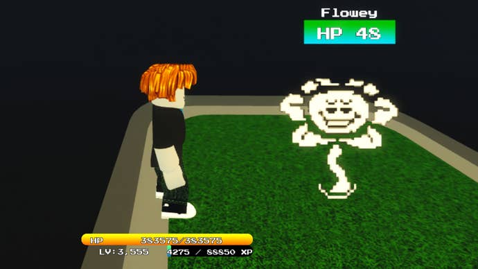 Image showing a Roblox character about to fight a pixelated enemy in the game Unwavering Soul.