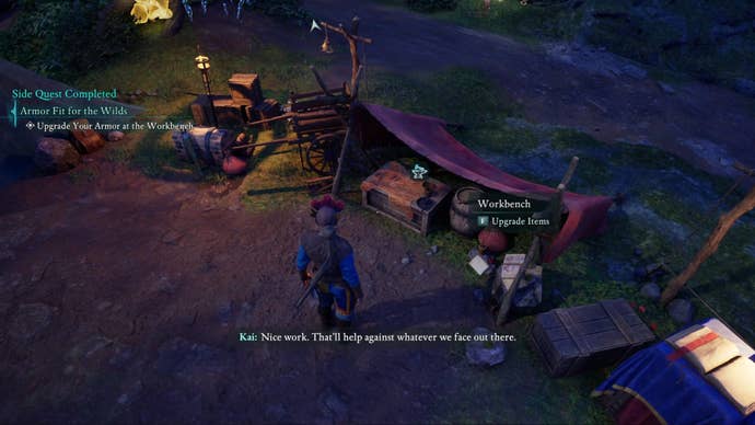 The Envoy looks at the upgrade workbench in the party camp in Avowed.