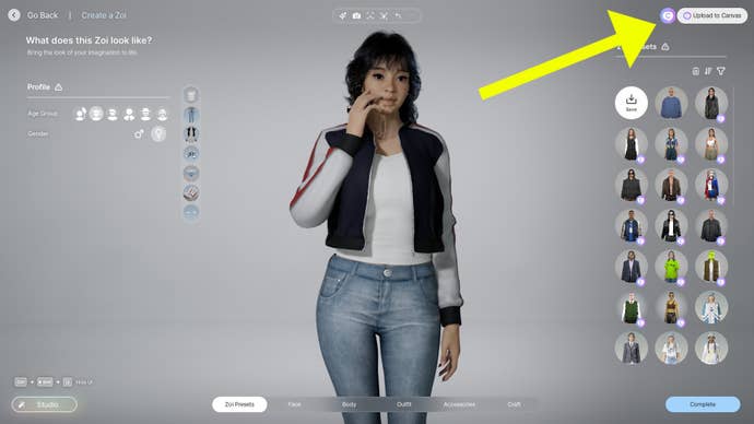 The Zoi creation screen in inZOI, with a big yellow arrow pointing at the Upload to Canvas button.