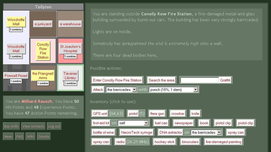 A surface  showing the interface for Urban Dead, with a representation  of 9  buildings including a hospital, occurrence  station, and library. The inventory lists a hockey instrumentality   and binoculars.