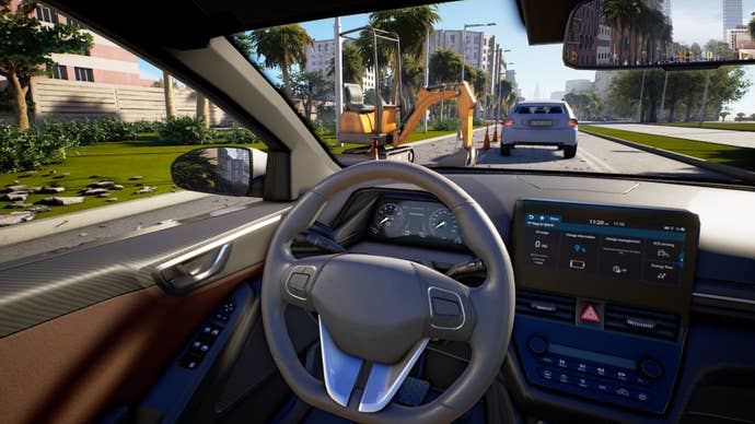 An interior car view showing a digger on the streets of Barcelona in Urban Venture