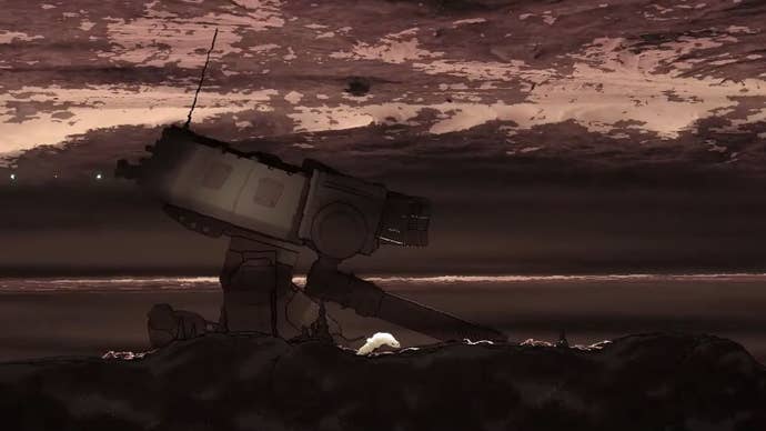 The creature of Urus runs alongside a mech across a wasteland.