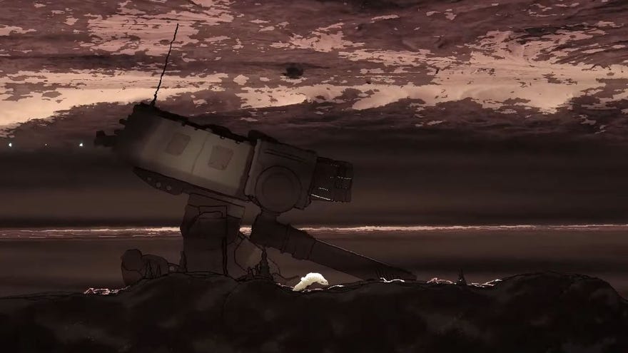 The creature of Urus runs alongside a mech across a wasteland.