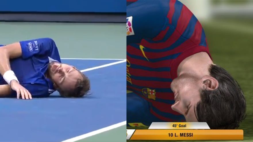 A picture comparing tennis player Medvedev’s brick fall with one by Lionel Messi in FIFA 13.