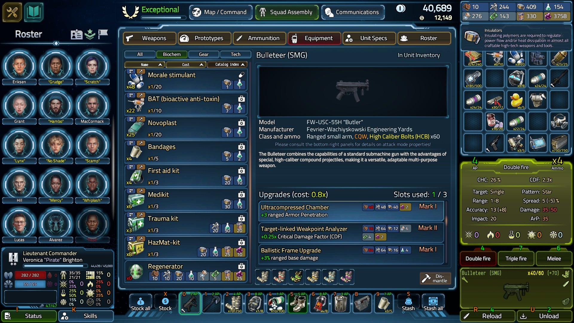 The Squad Assembly screen in USC: Counterforce, showing weapon, equipment, and upgrade options. - 5