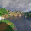A screenshot of a river in Minecraft, with some trees on either side of the bank and a hill in the distance, taken using UShader shaders.