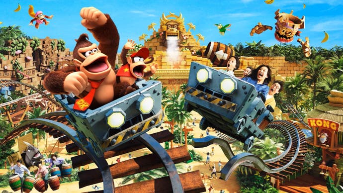 Donkey Kong Country rollercoaster ride in front of a temple, bananas and bongos everywhere