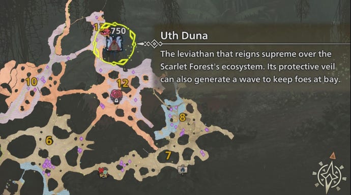 Un mapa que muestra la ubicación del Uth Duna en Monster Hunter Wilds.