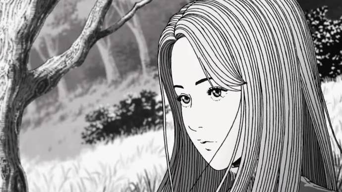 A still from the Uzumaki anime showing a woman with a serious expression on her face stood near some trees, everything is in black and white.