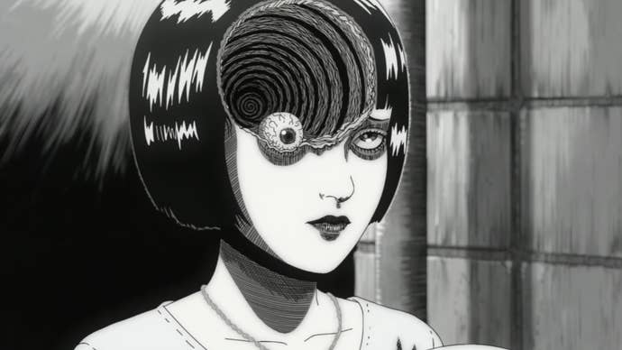 A woman with a bob haircut and a big spiral hole in her head, her eye sitting in front of it in Uzumaki.