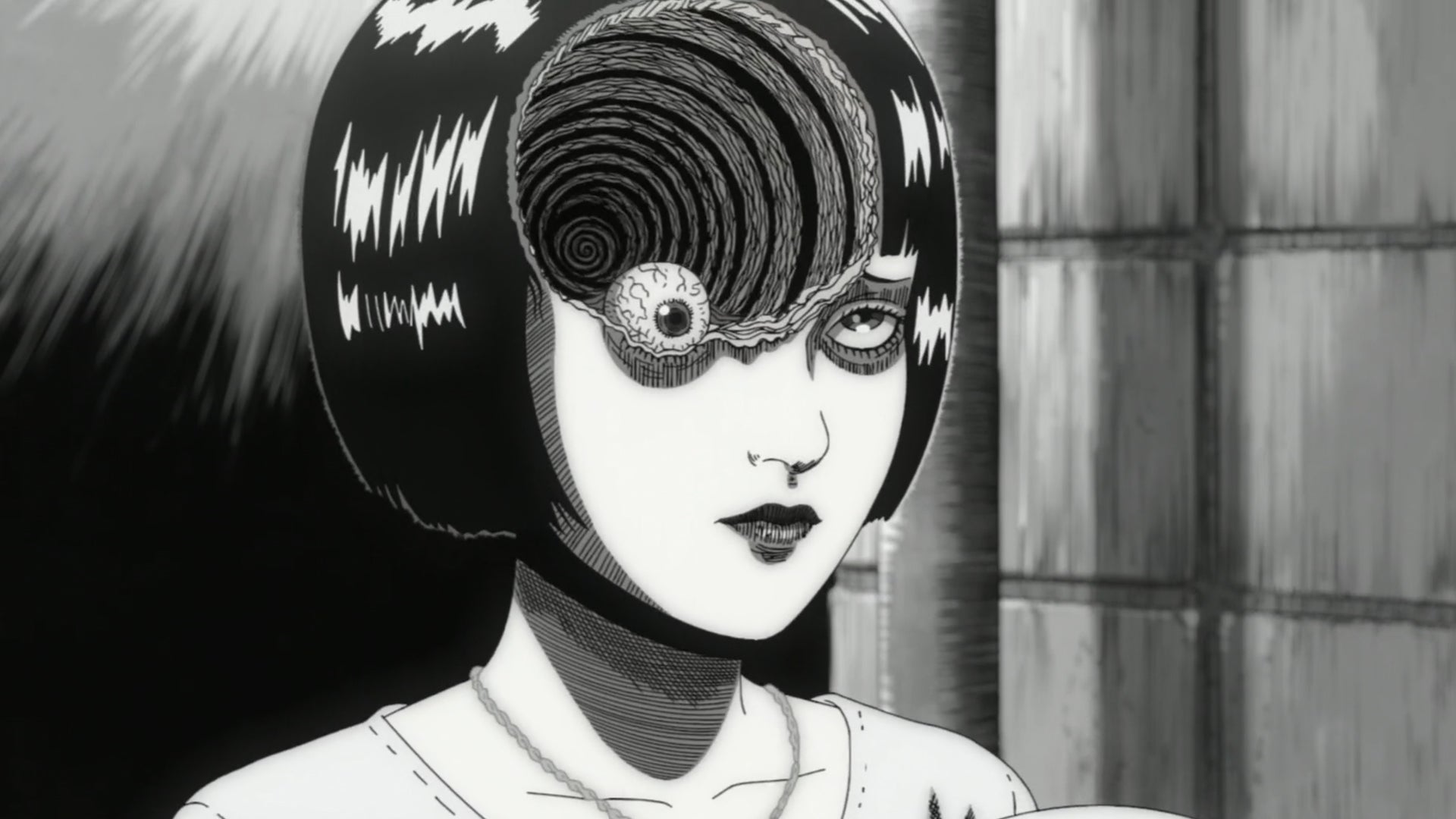 A woman with a bob haircut and a big spiral hole in her head, her eye sitting in front of it in Uzumaki. - 1