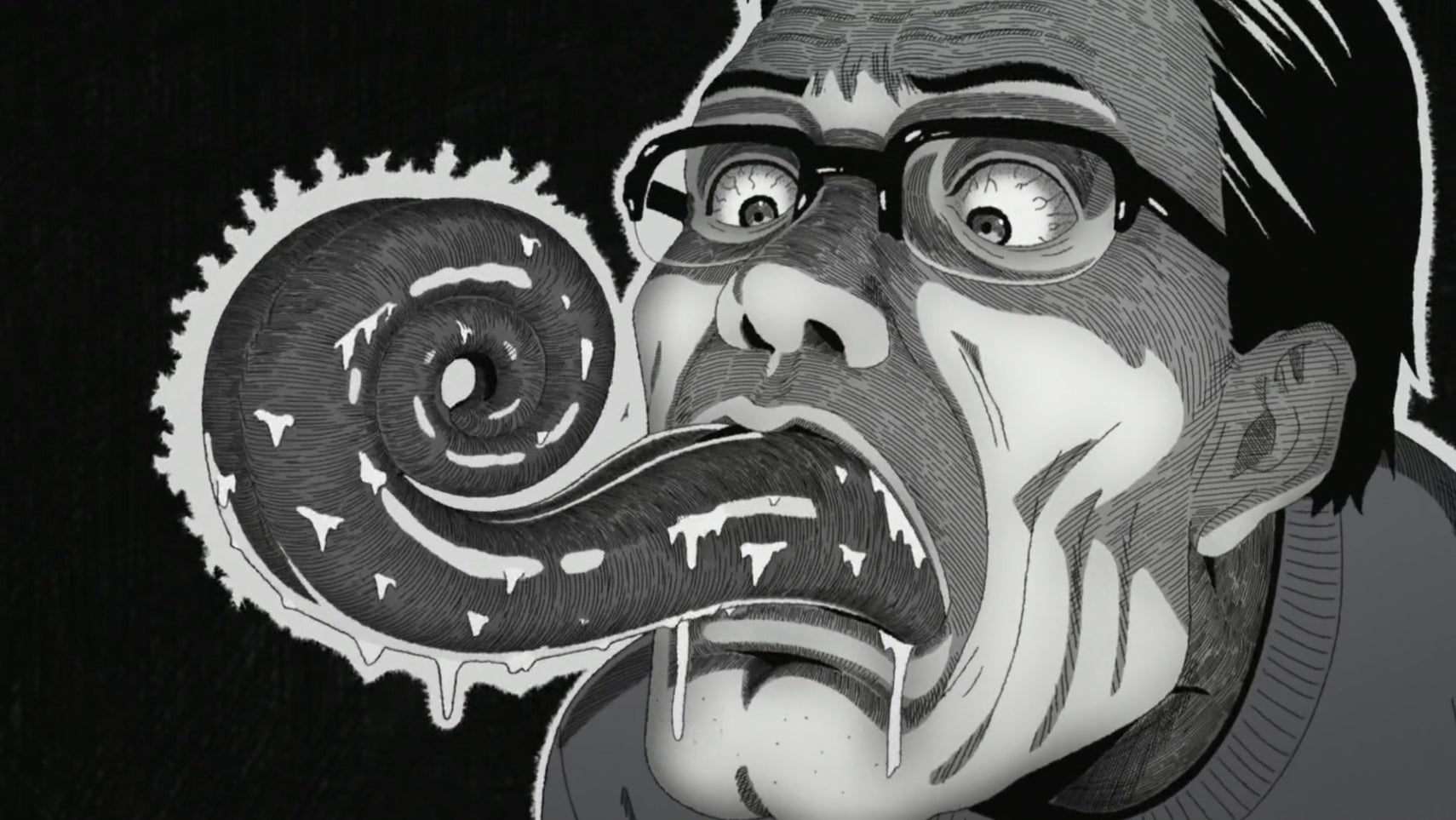 A man with a horrific expression, his tongue incredibly long and spiralling in on itself in Uzumaki. - 1