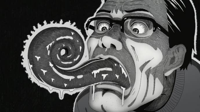 A man with a horrific expression, his tongue incredibly long and spiralling in on itself in Uzumaki.