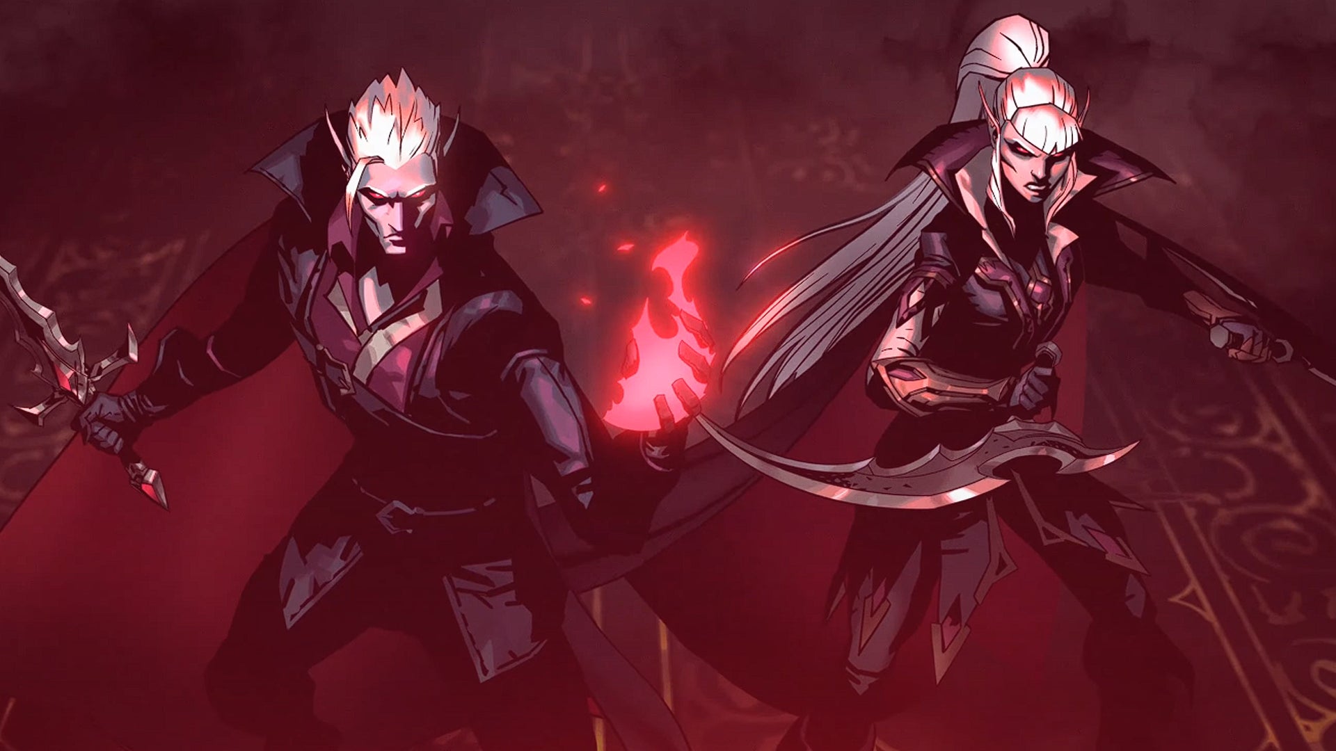 Two vampires prepare to do battle, armed with a sword, daggers and fire, in V Rising's 1.0 launch trailer - 3