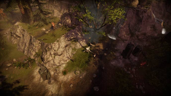 A vampire in V Rising chops down a tree next to a waterfall.