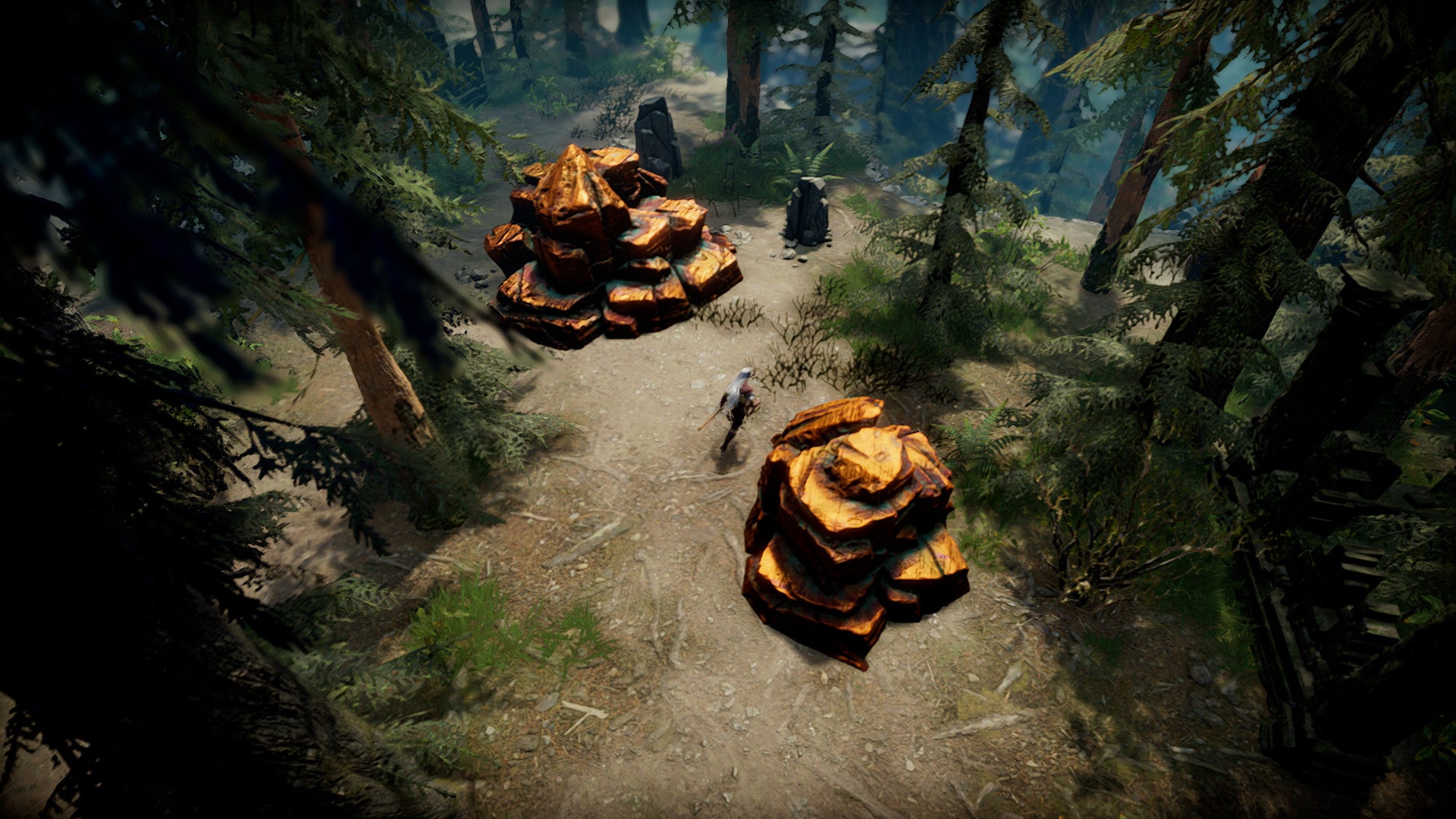 The player in V Rising walks between two giant boulders of Copper, which can only be destroyed using explosives. - 5