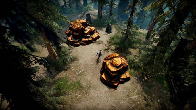 The player in V Rising walks between two giant boulders of Copper, which can only be destroyed using explosives.