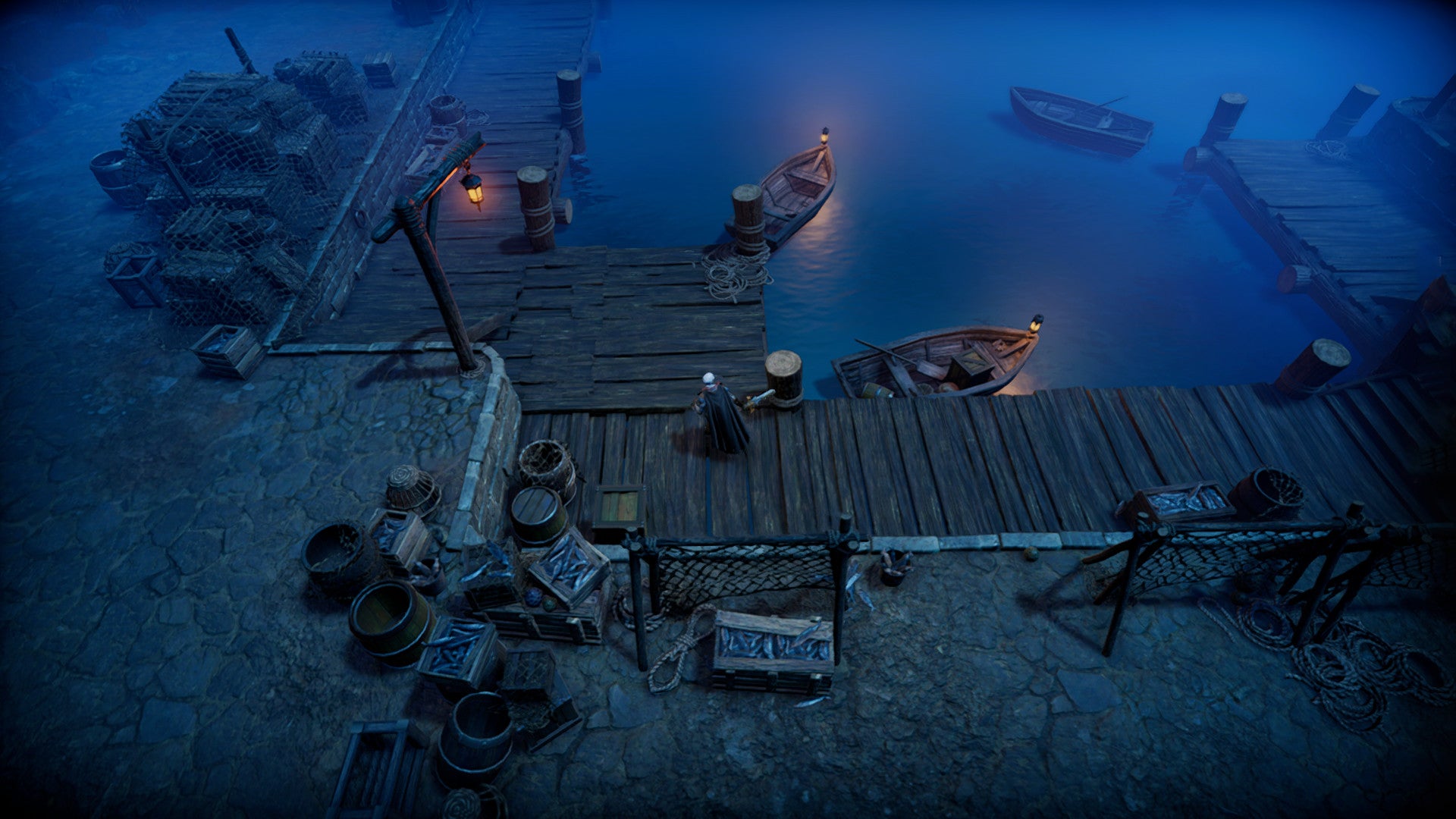 The player in V Rising explores a dockyard at night. - 7