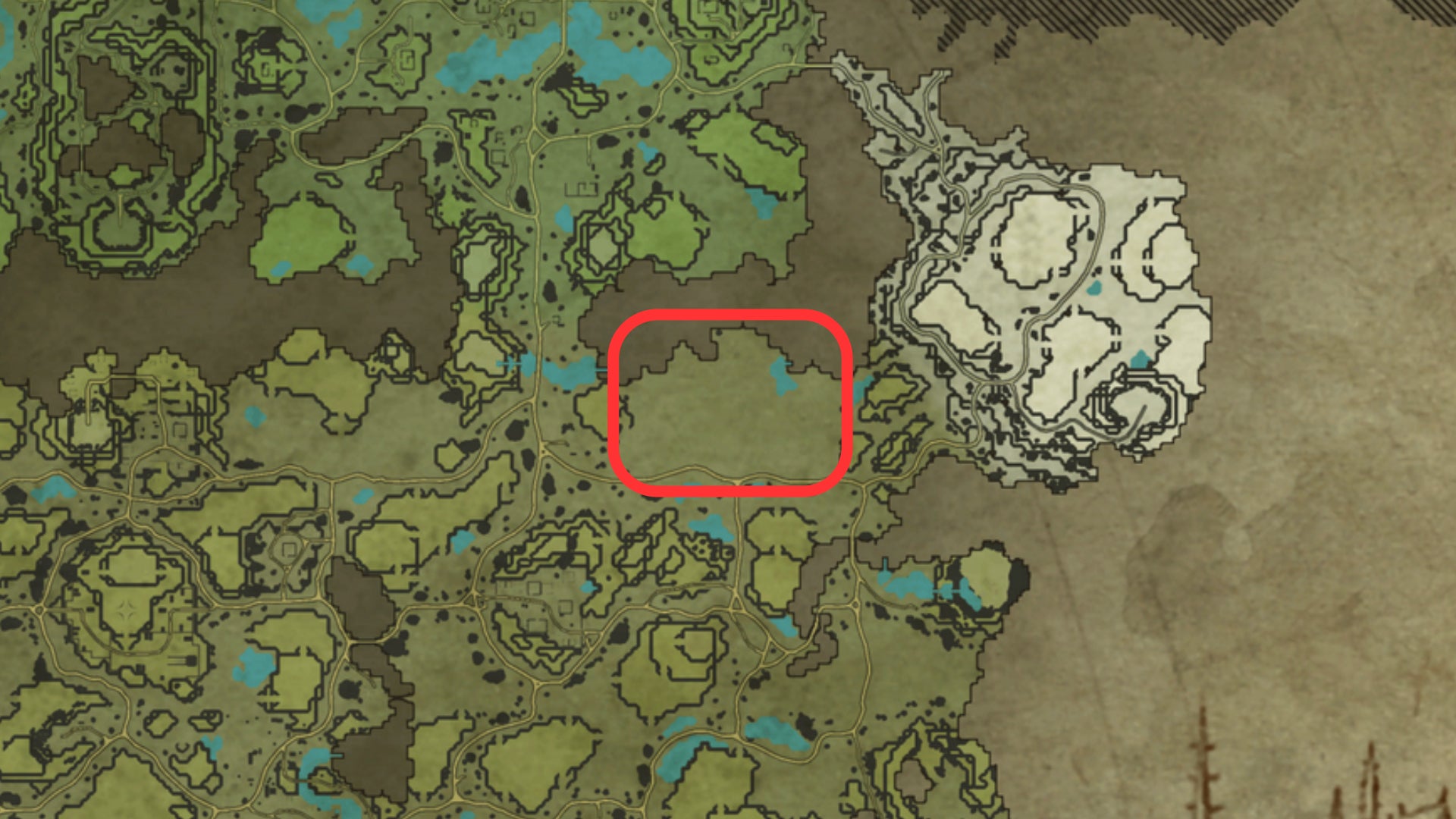 Part of the map of V Rising, with the location of a great base building spot highlighted in the east of the Farbane Woods. - 6