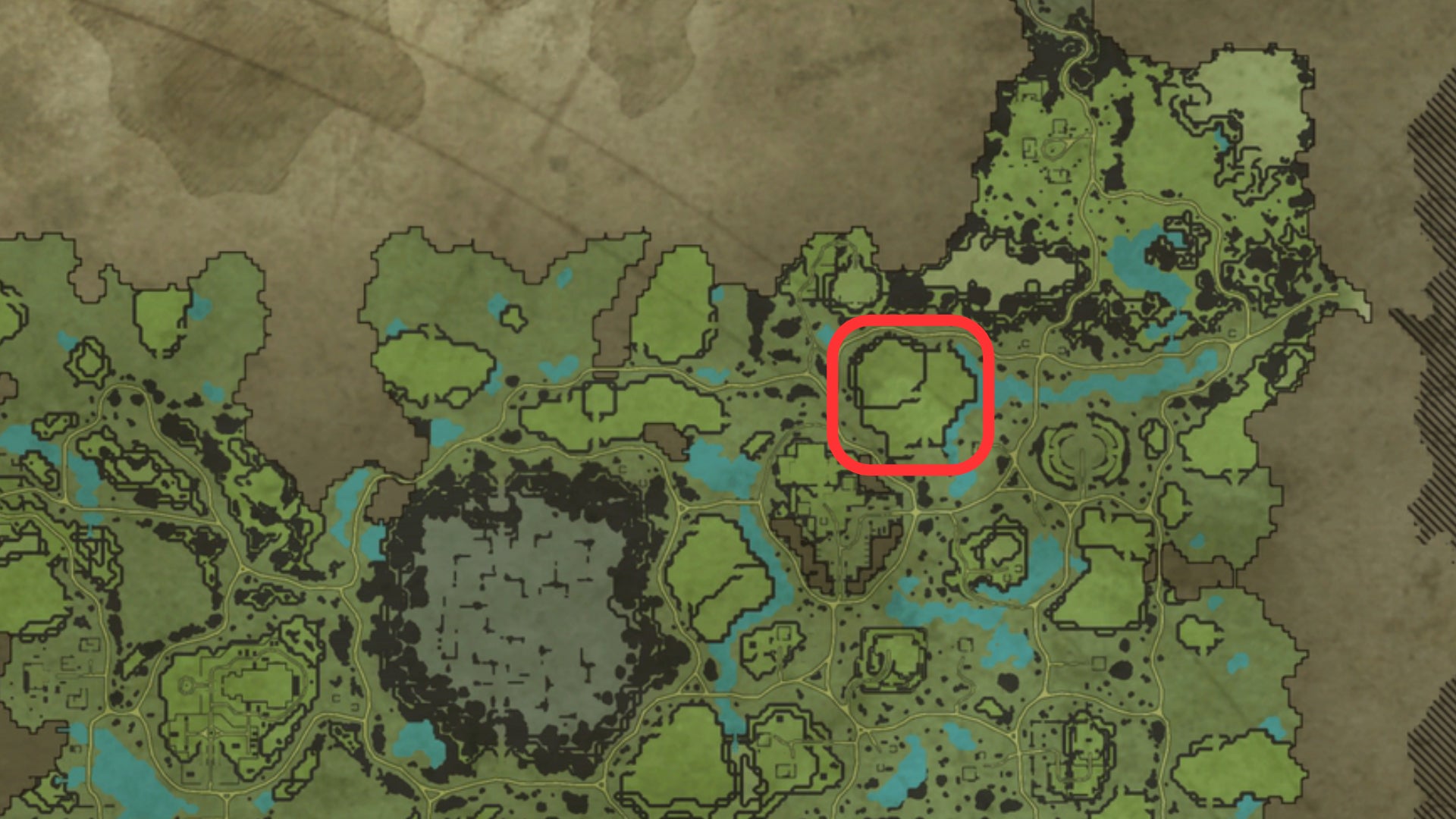 Part of the map of V Rising, with the location of a great base building spot highlighted in the northeast of the Dunley Farmlands. - 8