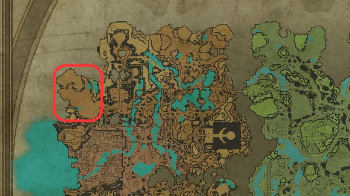 Part of the map of V Rising, with the location of a great base building spot highlighted in the west of the Silverlight Hills.