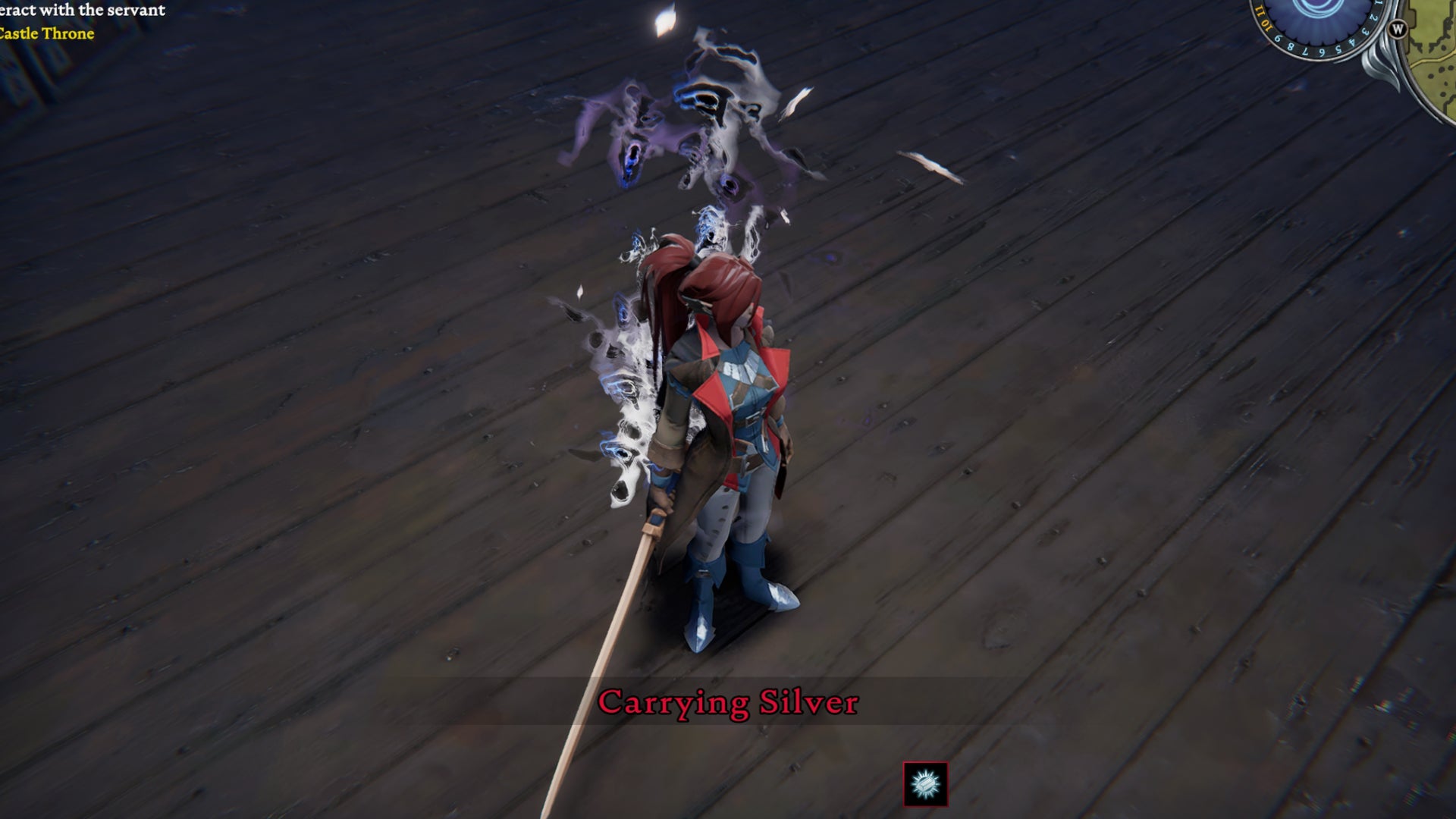 The player in V Rising stands on the wooden floor of their castle. They are taking damage due to carrying Silver. - 6