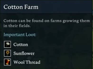 A loot table for a Cotton Farm in V Rising including Wool Thread, Sunflowers and Cotton used to create yarn and cloth