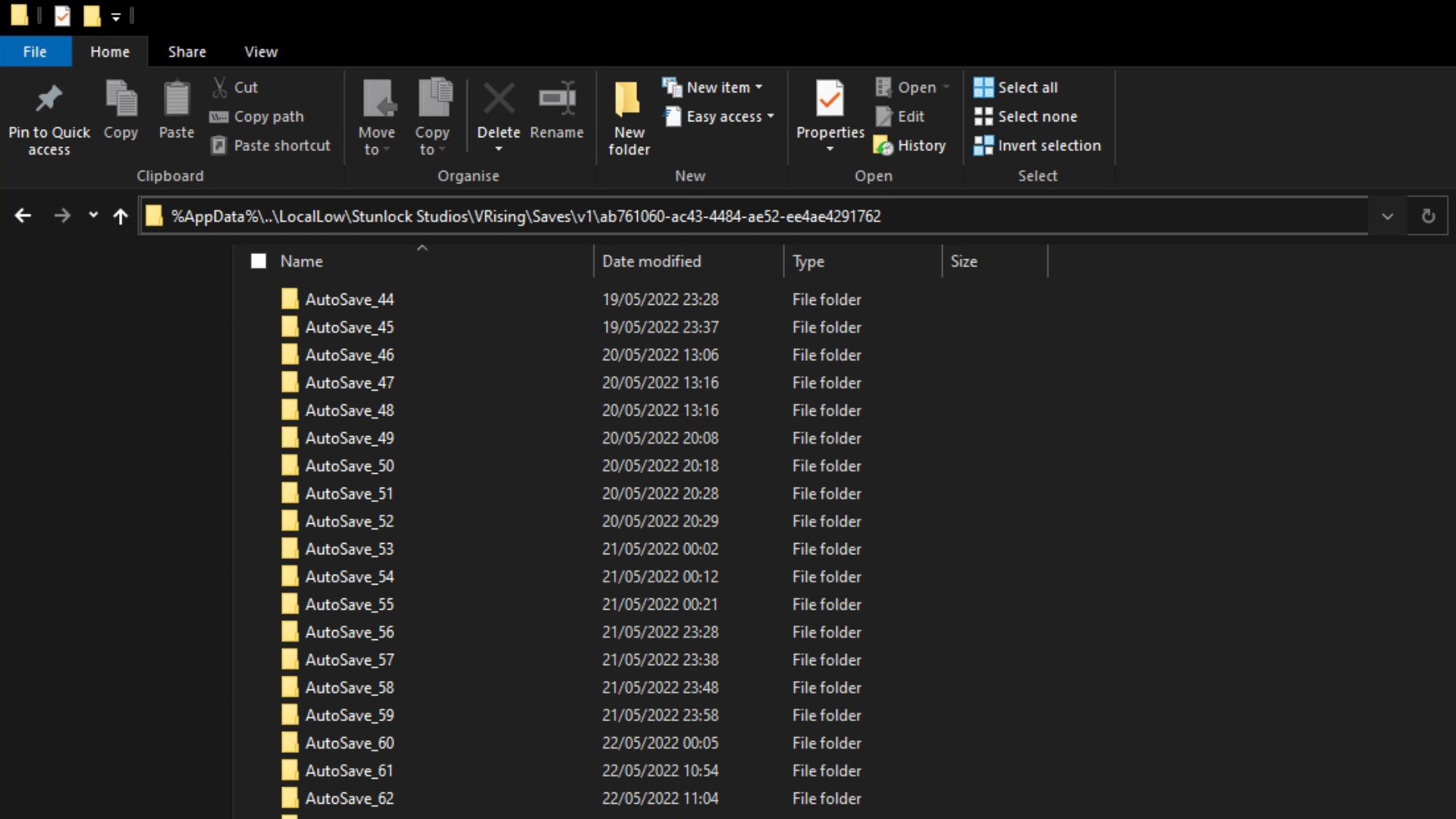 A screenshot from Windows Explorer of the player's V Rising save game data location. - 8