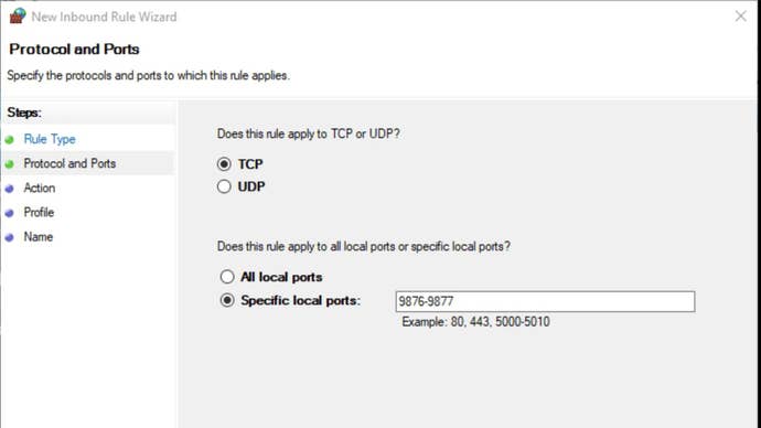 A screenshot of part of the process for creating a new inbound rule to let ports 9876-9877 through the Windows Firewall.