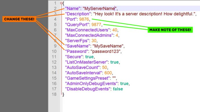 A screenshot of the “ServerHostSettings.json” file within the V Rising Dedicated Server tool, with the sections you need to alter to set up your own server highlighted.