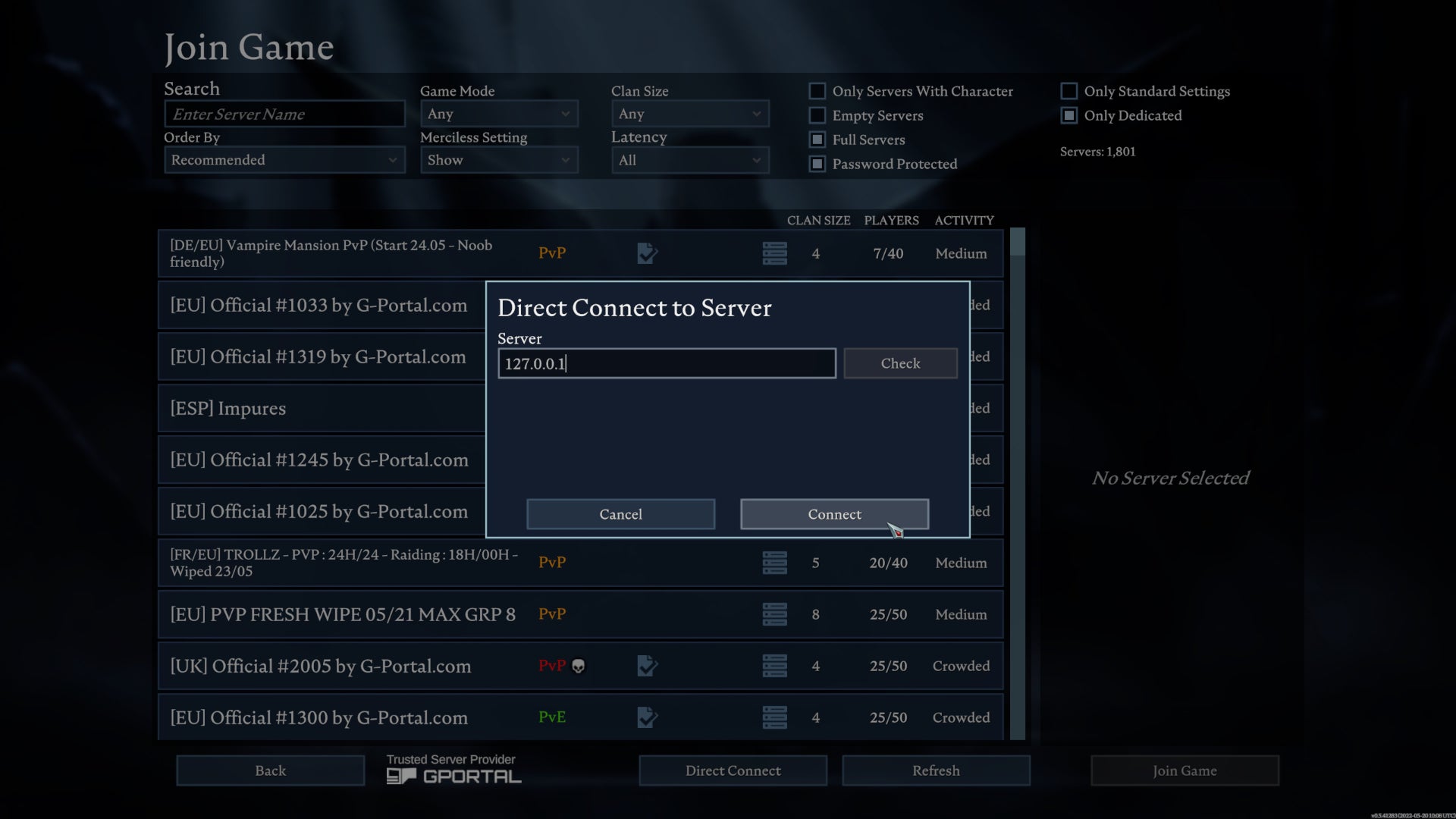 A screenshot of the join server screen in V Rising. In the centre is a Direct Connect window into which the player has provided an IP Address. - 11