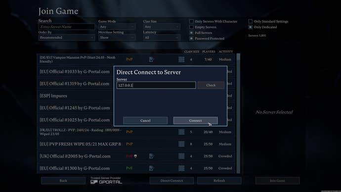A screenshot of the join server screen in V Rising. In the centre is a Direct Connect window into which the player has provided an IP Address.