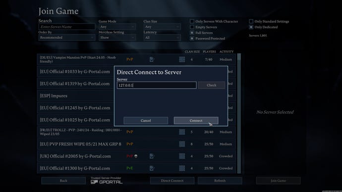 A screenshot of the join server screen in V Rising. In the centre is a Direct Connect window into which the player has provided an IP Address.
