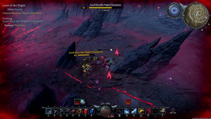 Fighting an endgame boss in V Rising’s Ruins Of Mortium area.