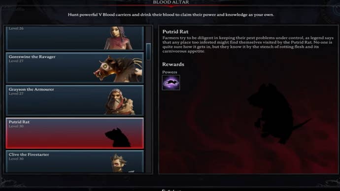 V Rising, the Blood Altar menu is showing the description of the Putrid Rat
