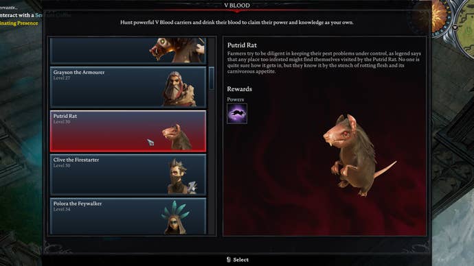 The Putrid Rat boss, as listed in the V Blood carriers menu of V Rising.