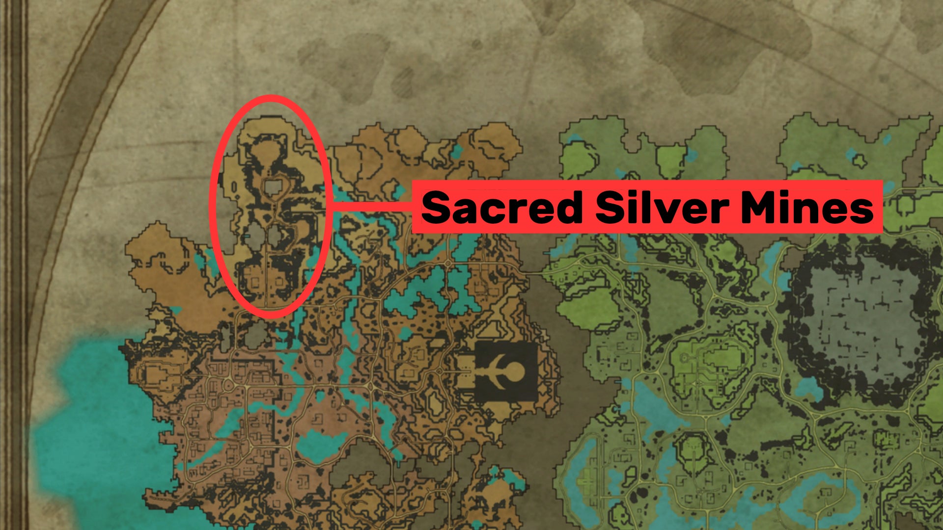 A screenshot of part of the map of V Rising, with the location of the Sacred Silver Mines marked. - 4