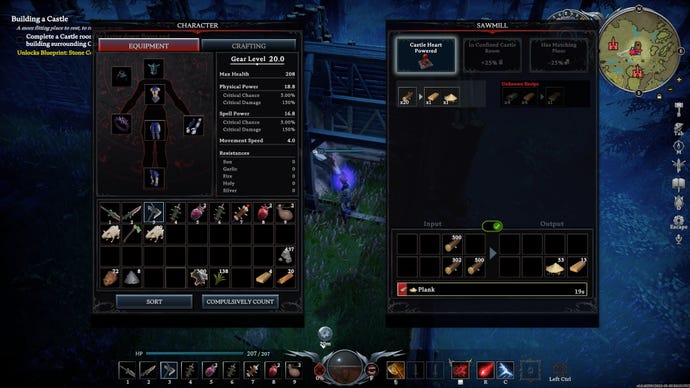 A screenshot from V Rising, with the player’s inventory on the left and the interaction panel for the Sawmill building on the right.