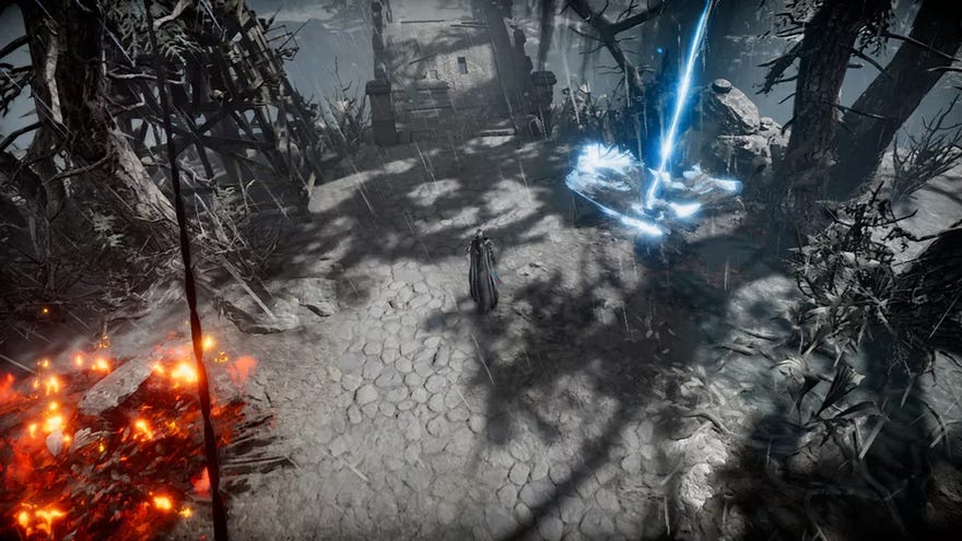 A screenshot from a forest in V Rising’s Secret’s Of Gloomrot update, being struck by lightning