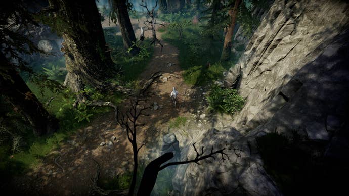 V Rising, overhead shot of a character walking on a dirt path in the shade of trees in a woodland area
