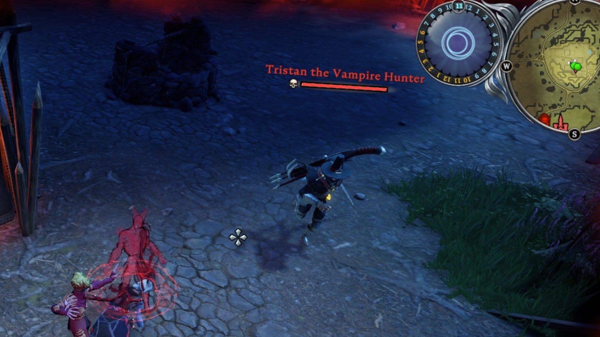 A screenshot from V Rising showing the boss Tristan The Vampire Hunter approaching two players. The skull above Tristan's head indicates that they are far above the current Gear Score of the player. - 4