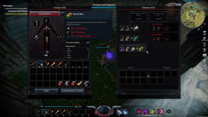 A screenshot from V Rising, with the player’s inventory on the left and the interaction panel for the Vermin Nest on the right. The recipe for summoning the Putrid Rat is highlighted.