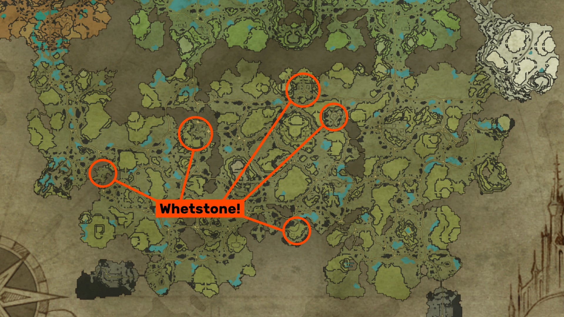 A map of the Farbane Woods in V Rising, with the locations where you can find Whetstone circled in orange. - 4